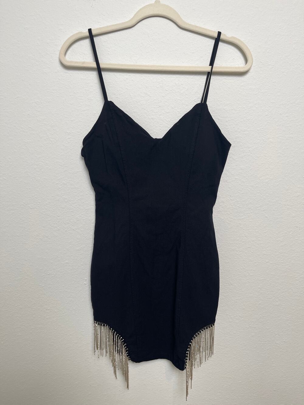 Haute Monde Black Rhinestone Fringe Bodycon Mini Dress Size Large